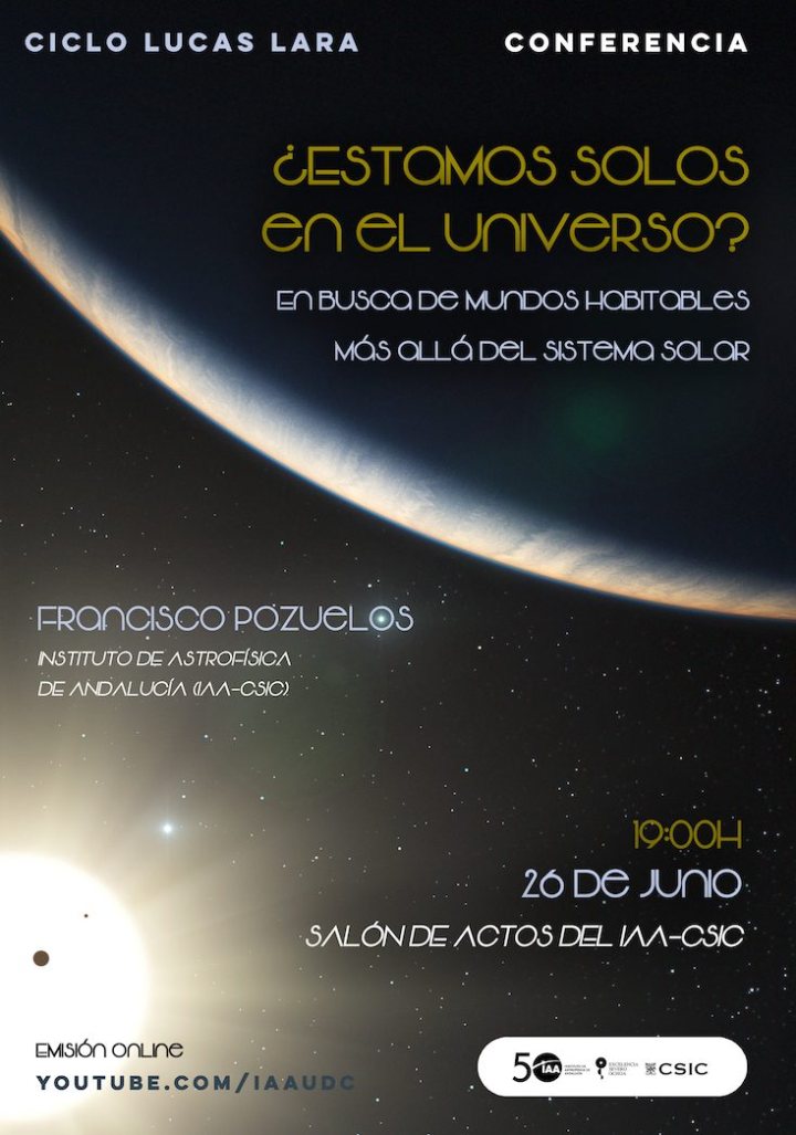 Cartel de la conferencia «¿Estamos solos en el universo? En busca de mundos habitables más allá del Sistema Solar», de Francisco Pozuelos.