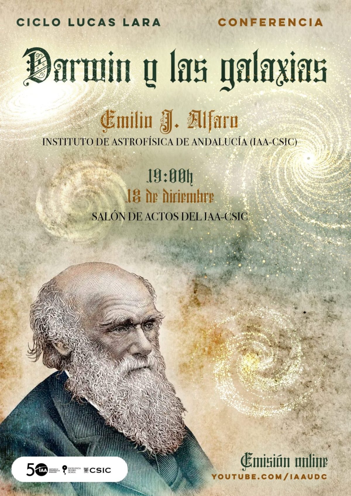 Cartel de la conferencia «Darwin y las galaxias», de Emilio J. Alfaro.