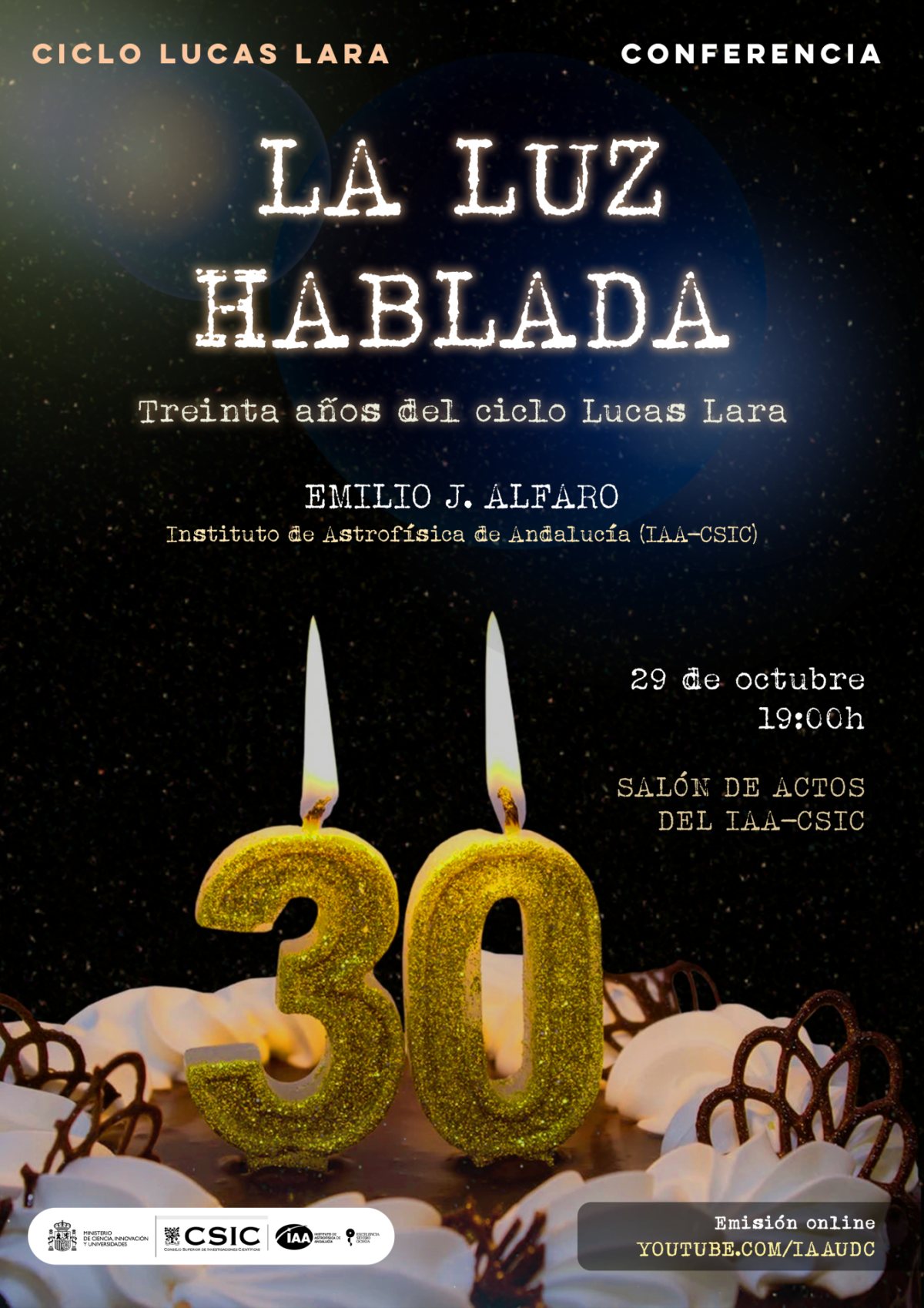 Cartel de la conferencia «La luz hablada: treinta años del ciclo Lucas Lara», de Emilio J. Alfaro.