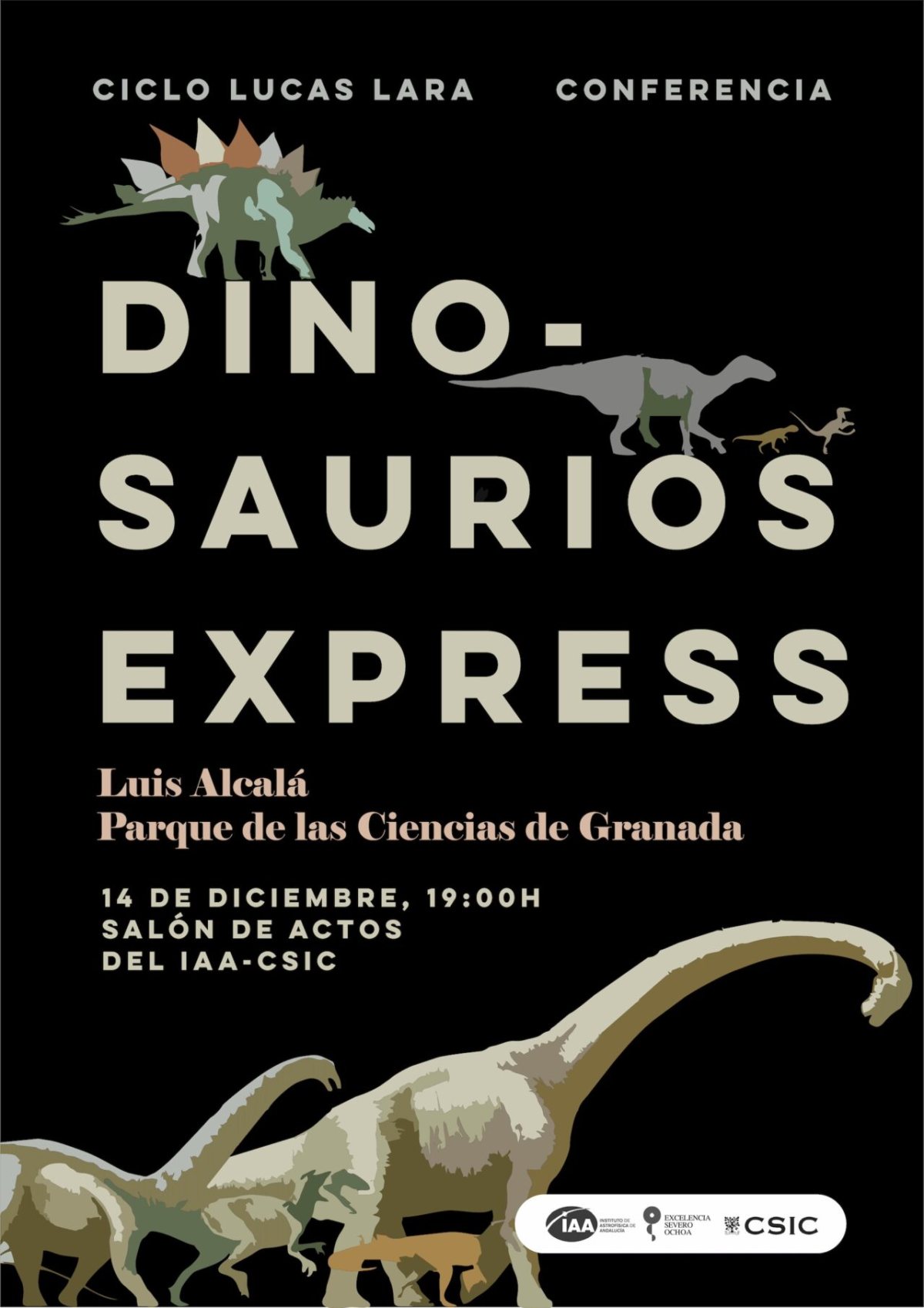 Cartel de la conferencia «Dinosaurios express», de Luis Alcalá.