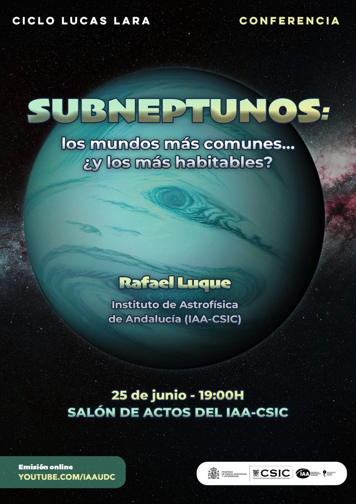 Cartel de la conferencia «Subneptunos: los mundos más comunes… ¿y los más habitables?», de Rafael Luque.