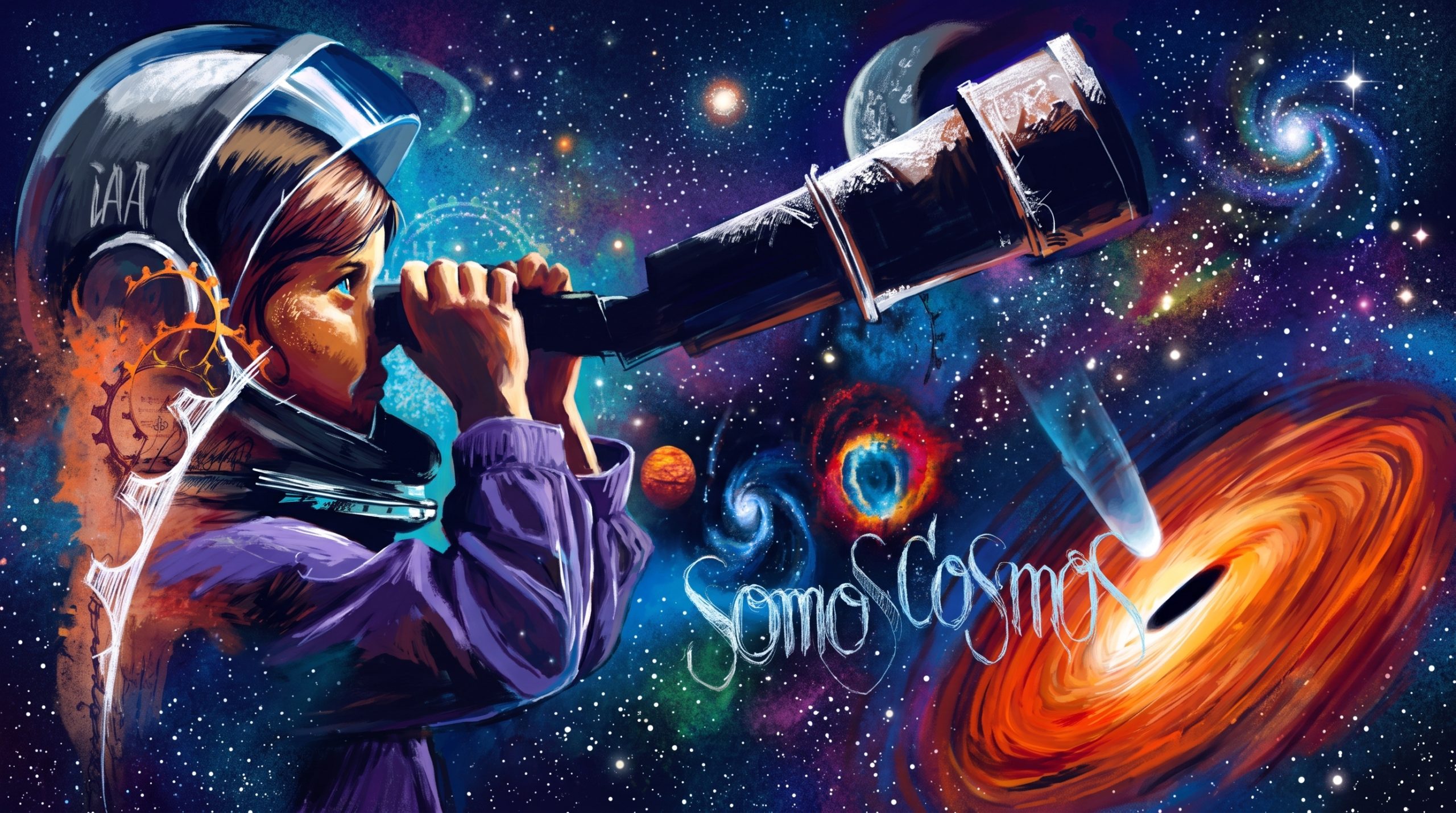 Escena «Somos Cosmos» aportada al proyecto: una niña con casco de astronauta mira por un telescopio hacia un cielo con galaxias, una nebulosa, un cometa y un agujero negro.